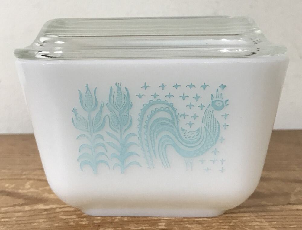 Vtg Pyrex 501B Turquoise 1 1/2 Cup Amish Rooster Butterprint Refrigerator Dish